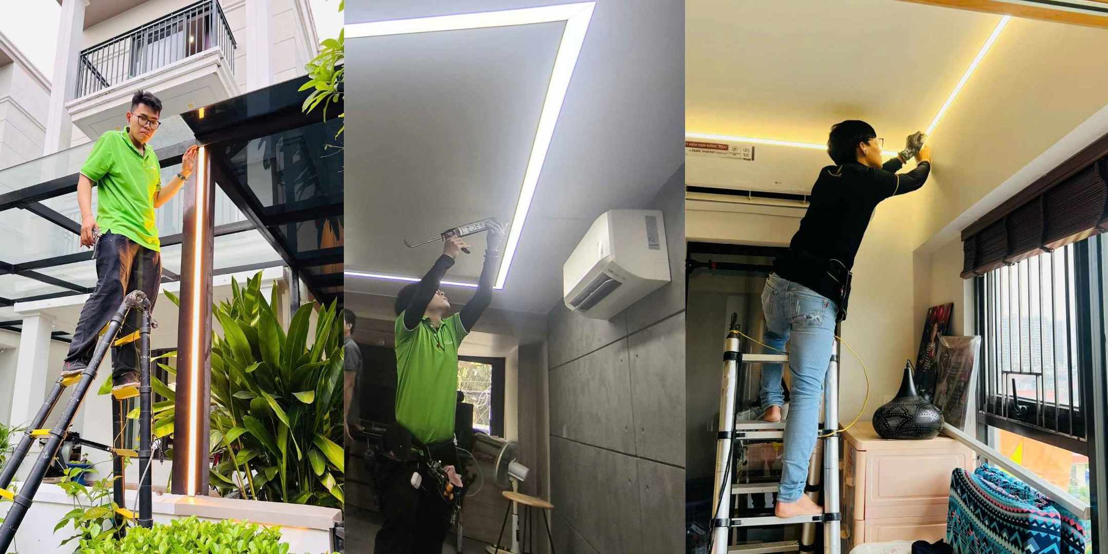 Kỹ thuật viên lắp đặt đèn LED trang trí trong nhà và ngoài trời bằng thang và dụng cụ chuyên dụng